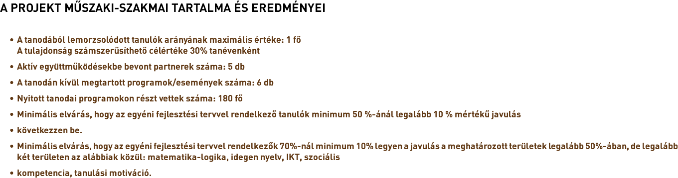 A PROJEKT MŰSZAKI-SZAKMAI TARTALMA ÉS EREDMÉNYEI A tanodából lemorzsolódott tanulók arányának maximális értéke: 1 fő A tulajdonság számszerűsíthető célértéke 30% tanévenként Aktív együttműködésekbe bevont partnerek száma: 5 db A tanodán kívül megtartott programok/események száma: 6 db Nyitott tanodai programokon részt vettek száma: 180 fő Minimális elvárás, hogy az egyéni fejlesztési tervvel rendelkező tanulók minimum 50 %-ánál legalább 10 % mértékű javulás következzen be. Minimális elvárás, hogy az egyéni fejlesztési tervvel rendelkezők 70%-nál minimum 10% legyen a javulás a meghatározott területek legalább 50%-ában, de legalább két területen az alábbiak közül: matematika-logika, idegen nyelv, IKT, szociális kompetencia, tanulási motiváció. 